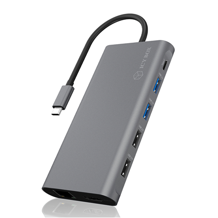 ICY BOX IB-DK4050-CPD – USB-C prijungimo stotelė „12 viename“ su 100 W „Power Delivery“, dviem HDMI išvestimis ir RJ-45