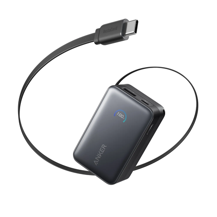 Anker Nano A1638H11 – 10000 mAh 45 W išorinė baterija su ištraukiamu USB-C laidu, juoda