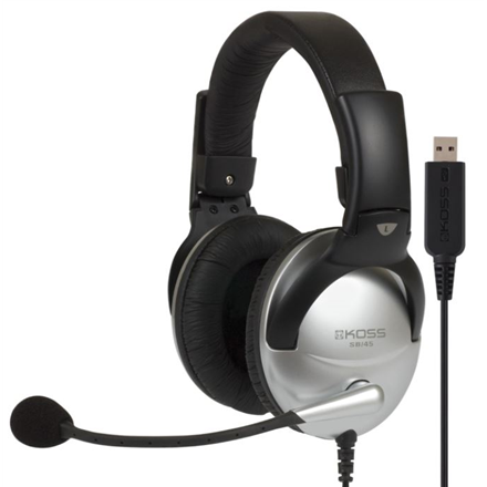 Koss SB45 USB – laidinės ant ausų dedamos žaidimų ausinės su mikrofonu ir pasyviu triukšmo slopinimu, sidabrinės ir juodos