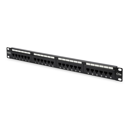 Digitus komutacinė plokštė DN-91524U 48.2 x 4.4 x 10.9 cm Kategorija: CAT 5e; Prievadai: 24 x RJ45; Laikymo jėga: 7.7 kg; Įstatymo jėga: 30N maks. Juoda