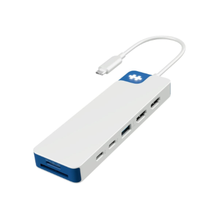 Hyper HyperDrive Flex HD4103BUGL – 9 prievadų dviejų 4K HDMI ekranų stotelė su 2× HDMI, balta ir mėlyna