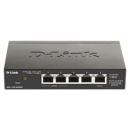 D-Link 5 prievadų Gigabit PoE išmanusis valdomas komutatorius ir PoE plėtiklis DGS-1100-05PDV2, valdomas per žiniatinklį, stalinis, maitinimo šaltinio tipas – išorinis