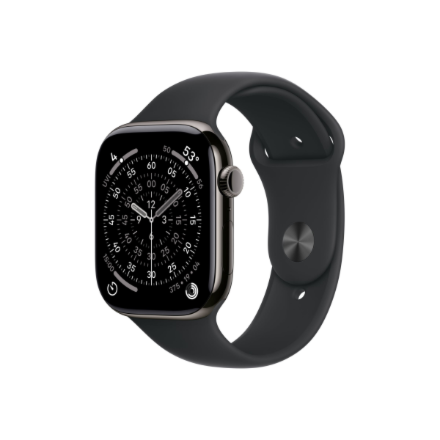 Apple Watch Series 11 MFD24ET/A – GPS + Cellular, 46 mm skalūno spalvos titano korpusas, juoda sportinė apyrankė, M/L
