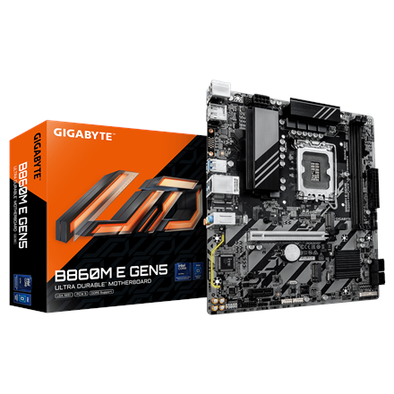 Gigabyte B860M E GEN5 motherboard, Intel LGA1851, DDR5, 4 SATA connectors, M.2