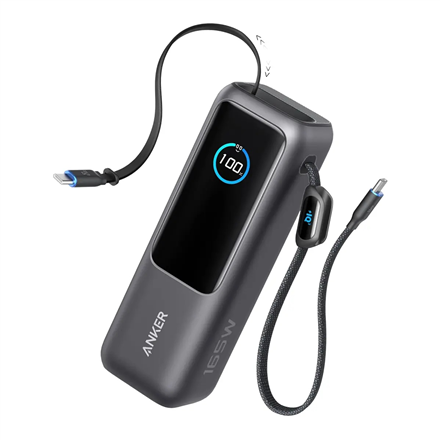 Anker Zolo išorinė baterija A1695H11, 25000 mAh, įmontuotas USB-C ir ištraukiamas laidas, pilka