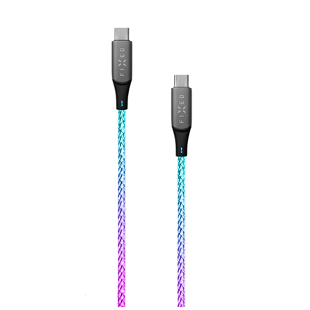 FIXED FIXDLED-CC-RA – šviečiantis USB-C–USB-C įkrovimo kabelis su PD palaikymu, vaivorykštės spalvų