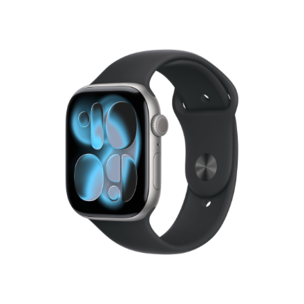 Apple Watch Series 11 GPS + Cellular 46 mm – išmanusis laikrodis su „Space Grey“ aliuminio korpusu ir juodu M/L dydžio „Sport Band“ dirželiu
