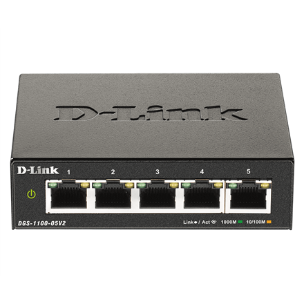 D-Link išmanusis valdomas komutatorius DGS-1100-05V2/E, valdomas L2, montuojamas į stovą, gigabitinio eterneto (variniai) prievadų skaičius 5
