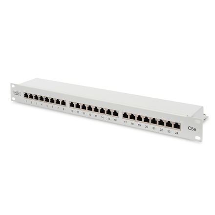 DIGITUS DN-91524S – 24 prievadų CAT 5e RJ45 komutacinė panelė, didžiausia įkišimo jėga 30 N, baltos spalvos