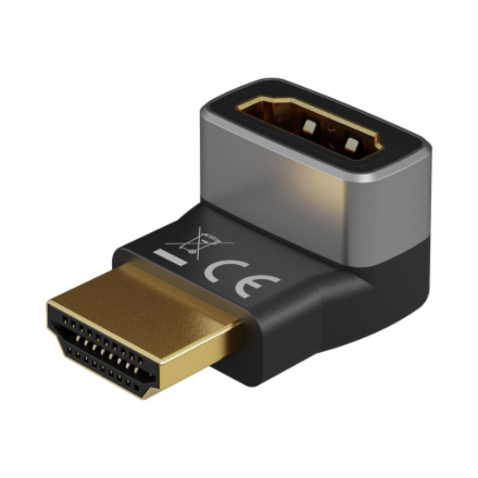 Goobay 72009 – vertikalus 90° kampinis HDMI adapteris, 8K 60 Hz, paauksuotas, juodas ir sidabrinis