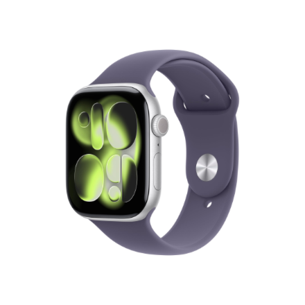 Apple Watch Series 11 MFCP4ET/A – GPS + Cellular, 46 mm sidabro spalvos aliuminio korpusas, violetinio rūko sportinė apyrankė, S/M