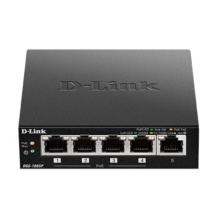 D-Link komutatorius DGS-1005P, nevaldomas, stalinis, gigabitinio eterneto (variniai) prievadų skaičius 5, maitinimo per eternetą (PoE) prievadų skaičius 4, maitinimo tipas – išorinis