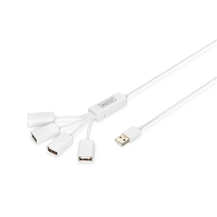 DIGITUS DA-70216 – USB 2.0 kabelinis šakotuvas, 4 × USB-A lizdai, 1 × USB-A kištukas, DC 2,5 mm maitinimo įvadas