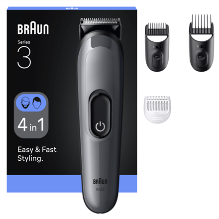 Braun All-in-One Series 3 AIO3500 – 4-in-1 akumuliatorinis kūno priežiūros rinkinys, 14 ilgio nustatymų, juodas