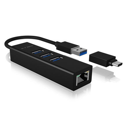 ICY BOX IB-HUB1419-LAN – 4 prievadų USB-A ir USB-C šakotuvas su „Gigabit Ethernet“
