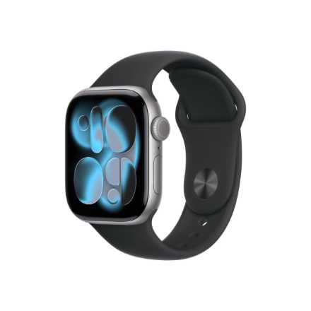 Apple Watch Series 11 MF8C4ET/A – GPS + Cellular, 42 mm kosminės pilkos spalvos aliuminio korpusas, juoda sportinė apyrankė, M/L
