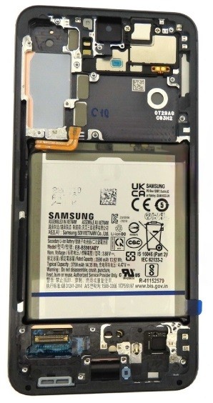 Ekranas Samsung S901 S22 5G su lietimui jautriu stikliuku ir rėmeliu Phantom Black originalus (used Grade C, without buttons)