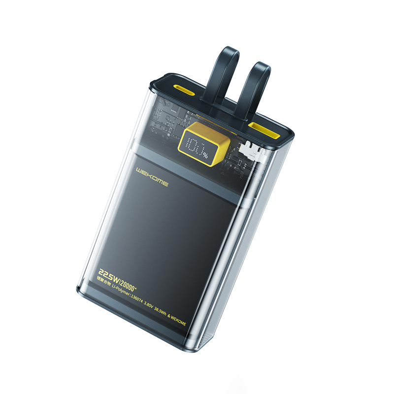 WEKOME WP-325 Vanguard Series išorinė baterija, 20000 mAh, PD 20 W + QC 22,5 W, su integruotais USB-C ir Lightning laidais, juoda ir skaidri