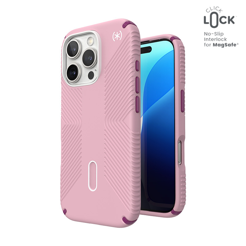 Speck Presidio2 Grip ClickLock & MagSafe dėklas, skirtas iPhone 16 Pro, „Wednesday Pink“ / „Boysenberry Purple“ / baltas