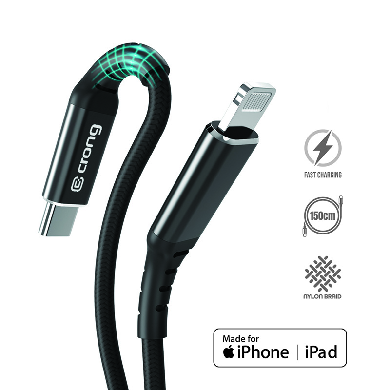 Crong Armor Link MFi USB-C–Lightning laidas, 1.5 m, 3 A, juodas