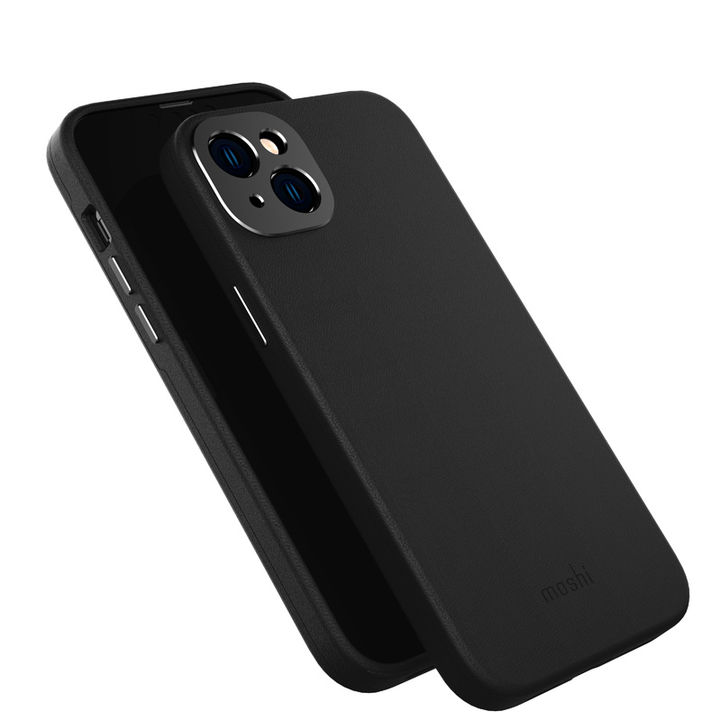 Moshi Napa dėklas, skirtas iPhone 14 Plus, suderinamas su MagSafe, veganiškos odos, „Midnight Black“ spalvos