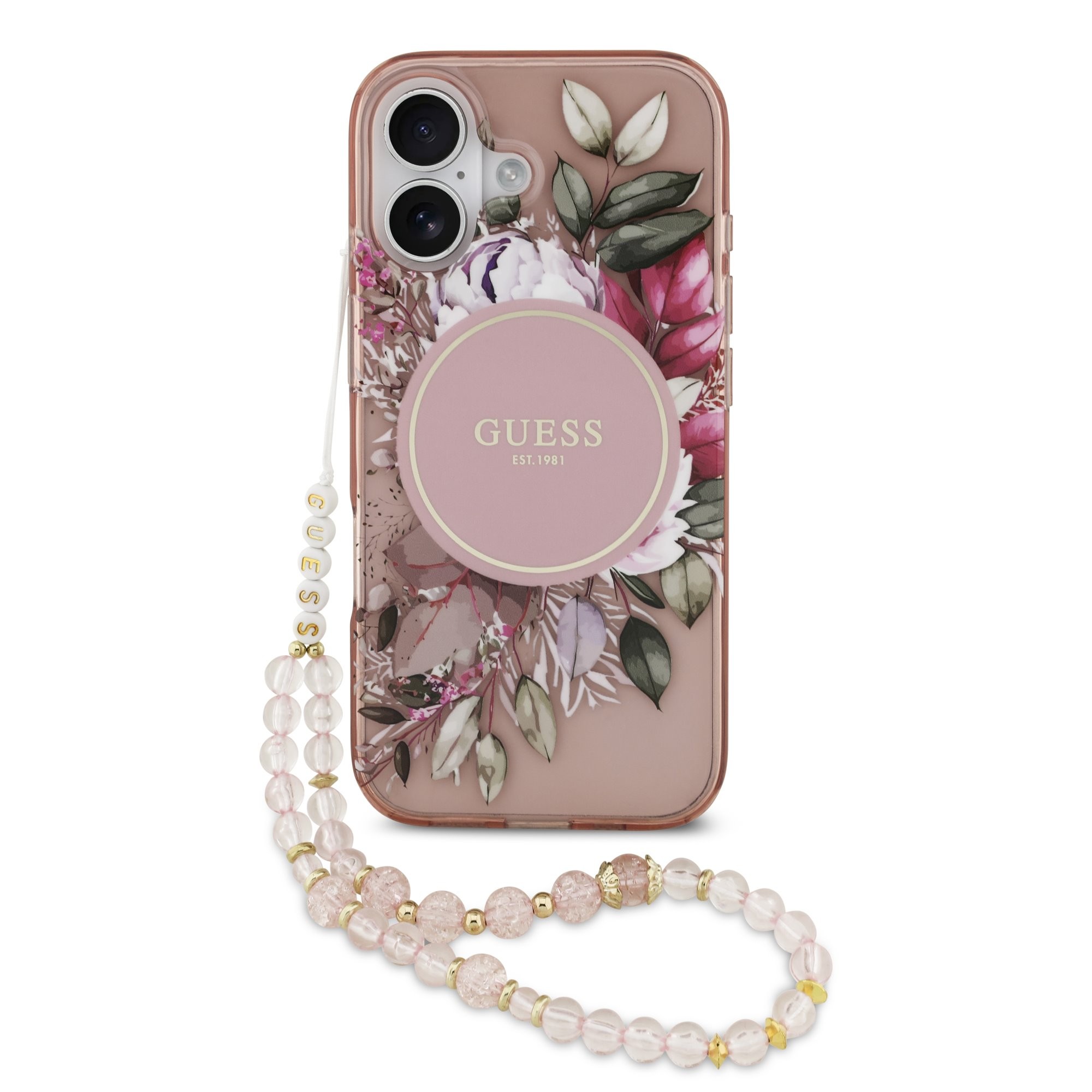 Dėklas Guess IML Flowers Strap MagSafe Apple iPhone 17 rožinis