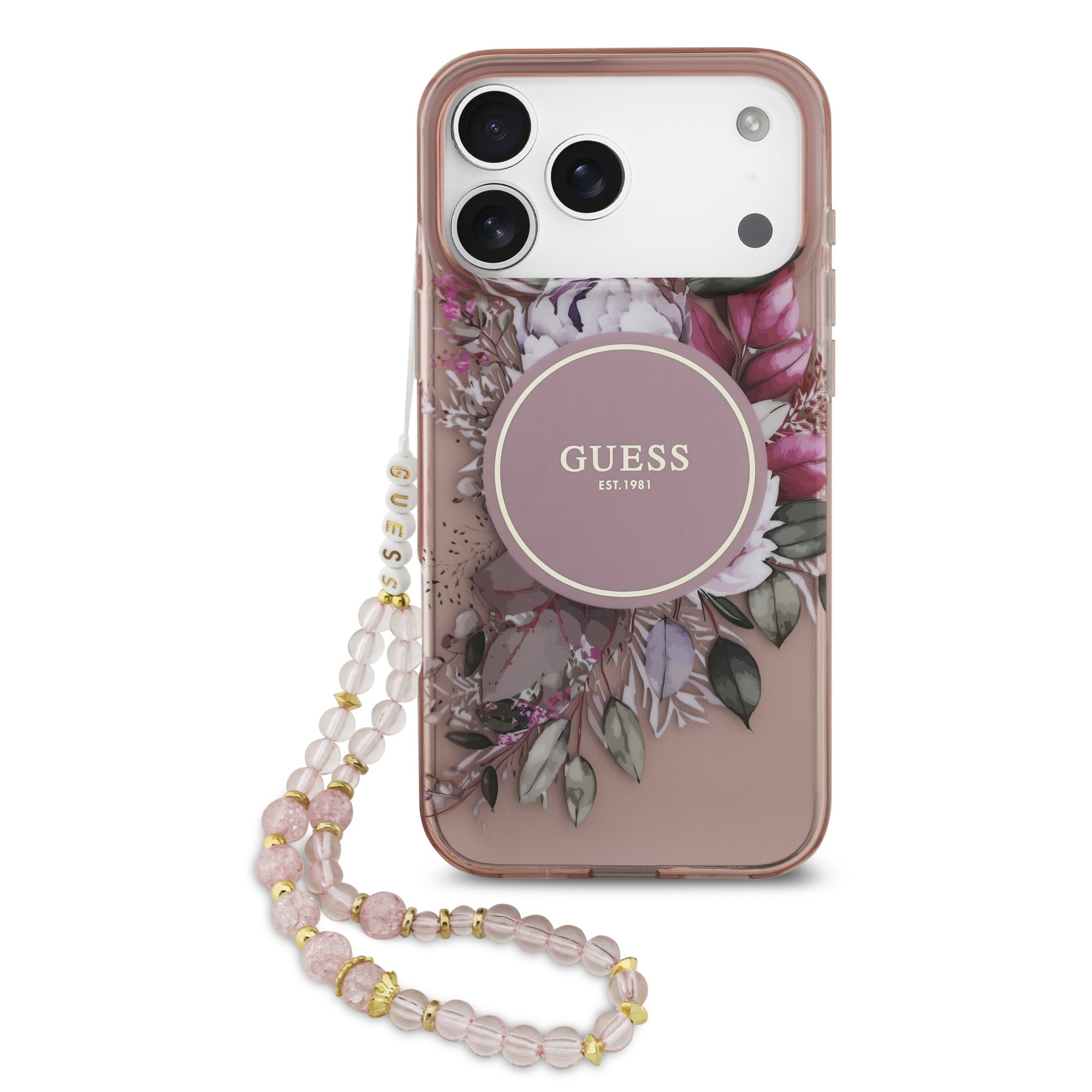 Dėklas Guess IML Flowers Strap MagSafe Apple iPhone 17 Pro Max rožinis