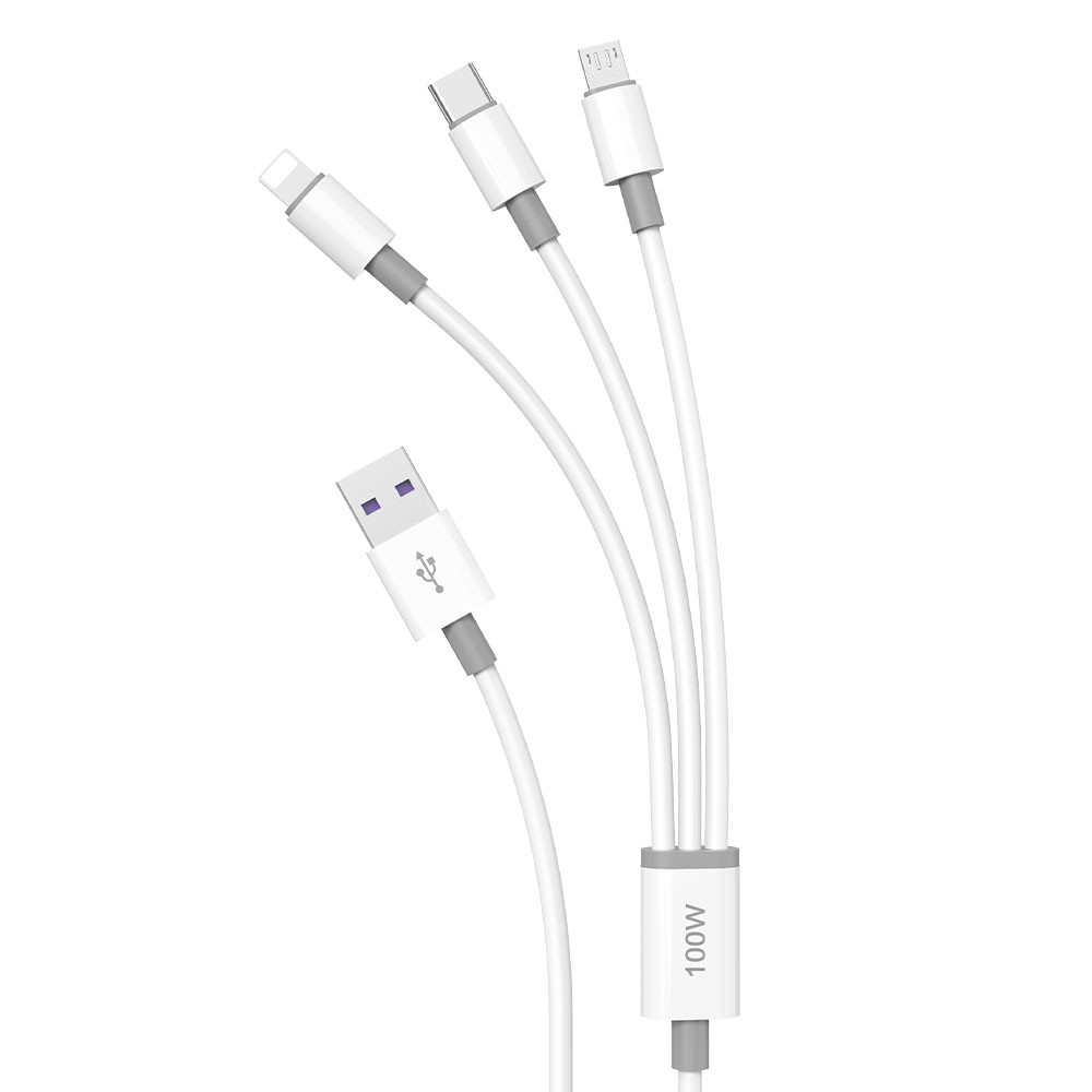 Dudao L8s-3in1 USB-A–USB-C / Micro-USB / Lightning kabelis, 100 W, 1,2 m, baltas