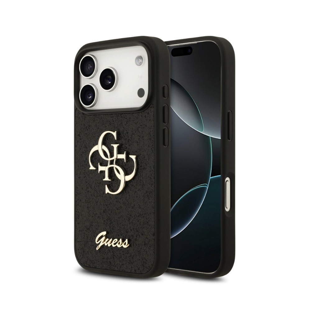 Dėklas Guess PU Fixed Glitter 4G Metal Logo Apple iPhone 18 Pro juodas