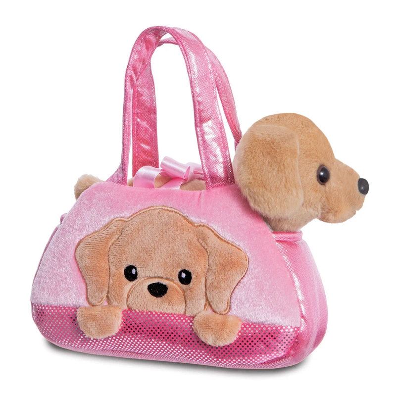 Fancy Pals PeekaBoo ekologiškas pliušinis Labradoro žaislas rožiniame krepšelyje, 20 cm