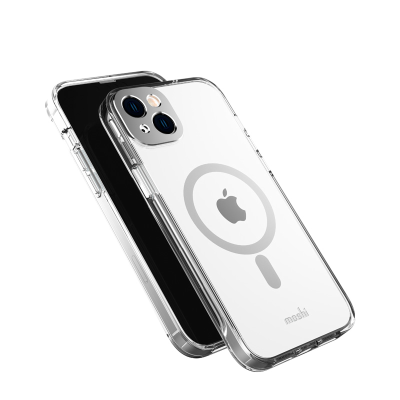 Moshi iGlaze dėklas, skirtas iPhone 14 Plus, suderinamas su MagSafe, skaidrus su „Luna Silver“ spalvos detalėmis