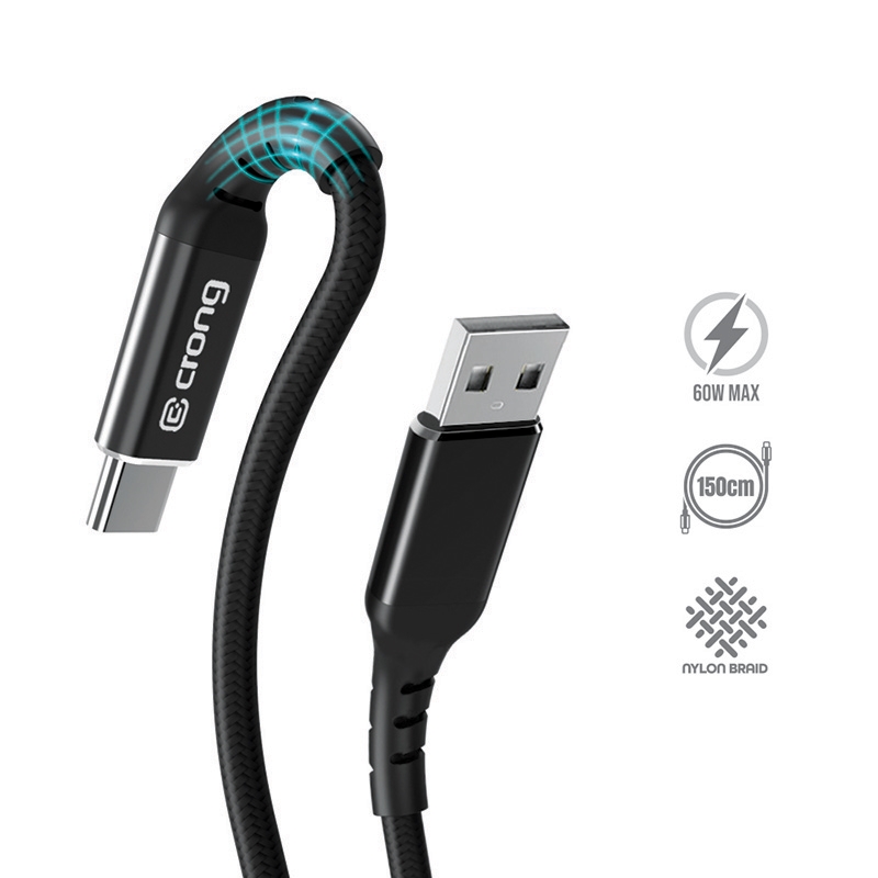 Crong Armor Link USB-A–USB-C laidas, 1.5 m, 60 W / 3 A, juodas
