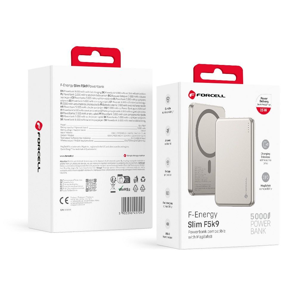 Forcell F-Energy Slim F5K9 išorinė baterija, suderinama su MagSafe, 5000 mAh, 15 W, QC 4.0, PD 3.0, Cloud Dancer