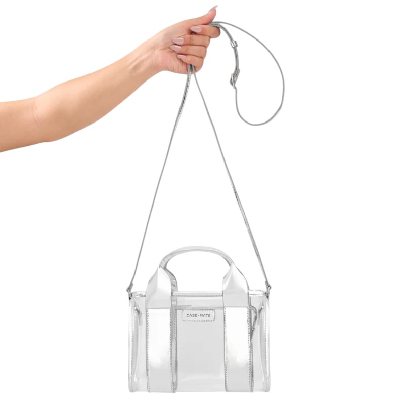 Case-Mate Micro Tote Bag vandeniui atsparus krepšys per petį, Silver Chrome / Clear