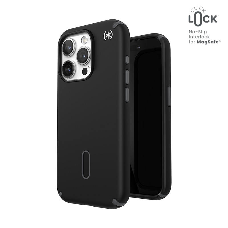 Speck Presidio2 Pro ClickLock MagSafe dėklas, skirtas iPhone 15 Pro, juodos ir skalūno pilkos spalvų