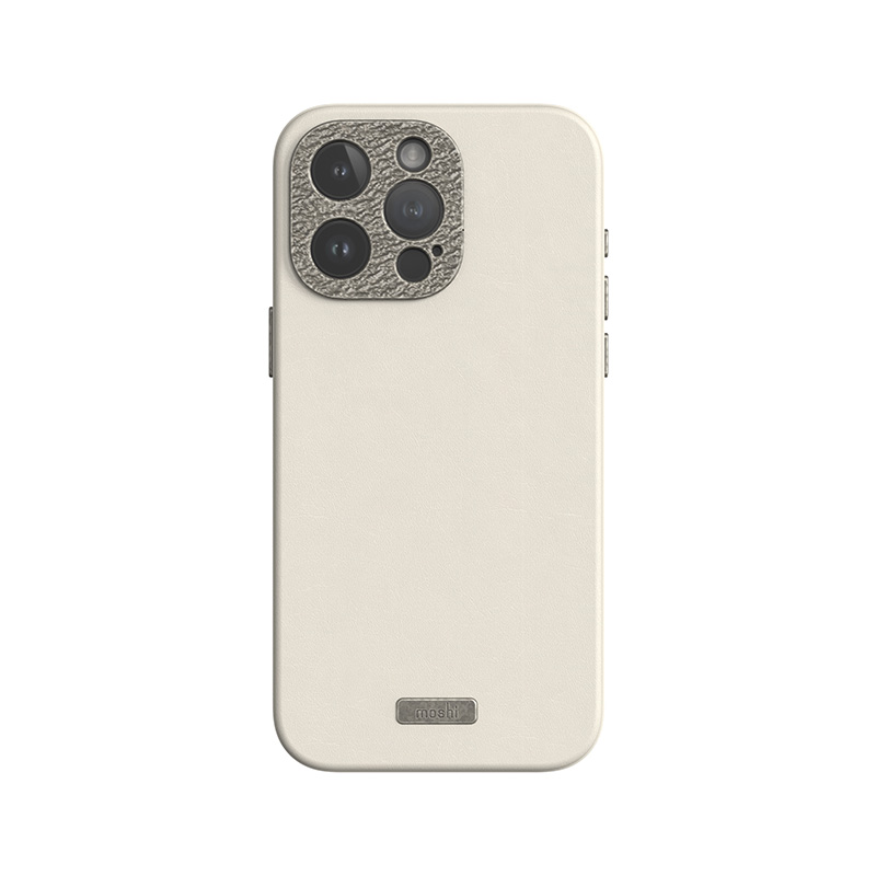 Moshi Napa MagSafe aukštos kokybės veganiškos odos dėklas, skirtas iPhone 15 Pro Max, „Eggnog White“ spalvos