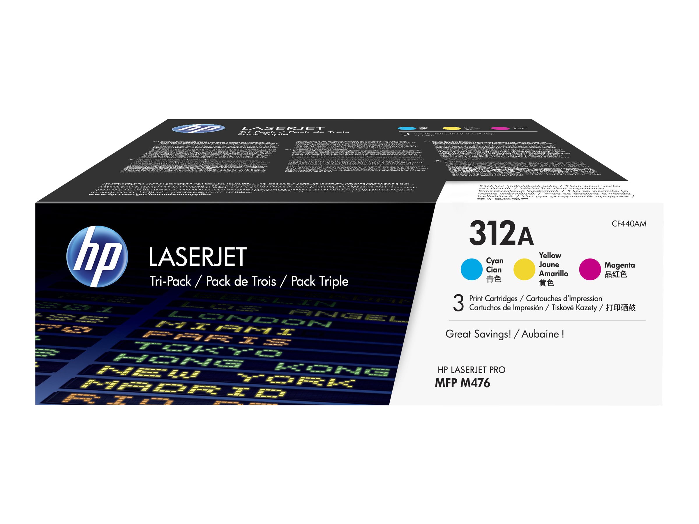 Originalių HP 312A LaserJet tonerio kasečių rinkinys (CF440AM), žydra / purpurinė / geltona, 3 vnt., skirtas Color LaserJet Pro MFP M476