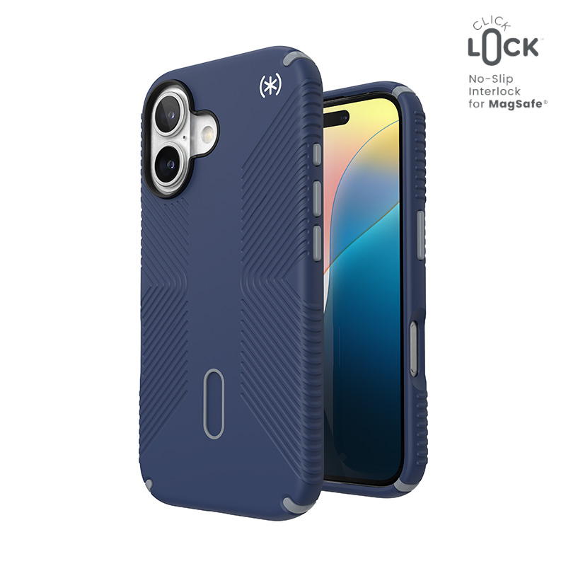 Speck Presidio2 Grip dėklas su MagSafe ir ClickLock, skirtas iPhone 16, „Coastal Blue/Dust Grey“