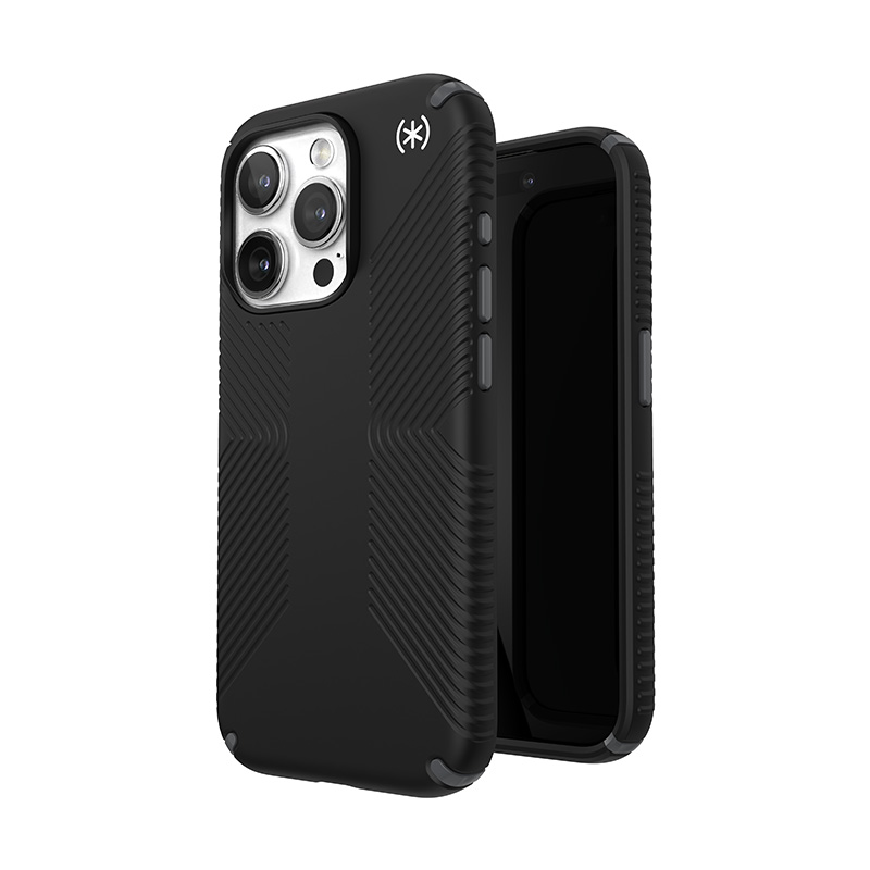 Speck Presidio2 Grip MagSafe dėklas, skirtas iPhone 15 Pro, juodas su skalūno pilkos spalvos detalėmis