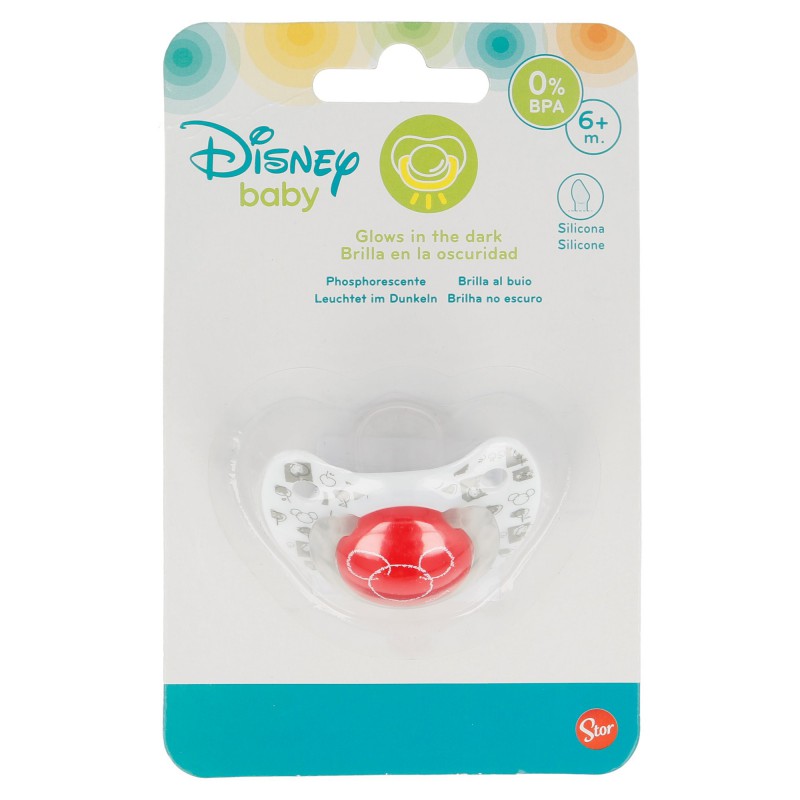 Mickey Mouse anatominės formos silikoninis čiulptukas, nuo 6 mėn., šviečia tamsoje, raudonas