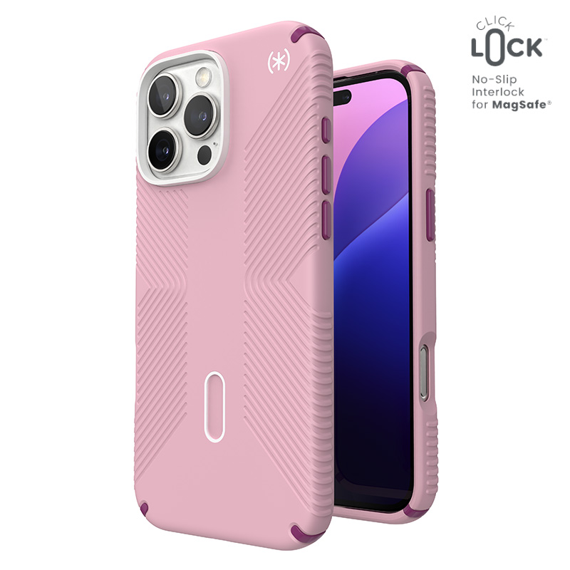 Speck Presidio2 Grip ClickLock & MagSafe dėklas, skirtas iPhone 16 Pro Max, „Wednesday Pink“ / „Boysenberry Purple“ / baltas