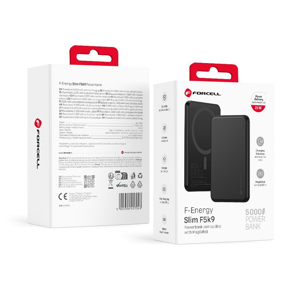 Forcell F-Energy Slim F5K9 išorinė baterija, suderinama su MagSafe, 5000 mAh, 15 W, QC 4.0, PD 3.0, juoda