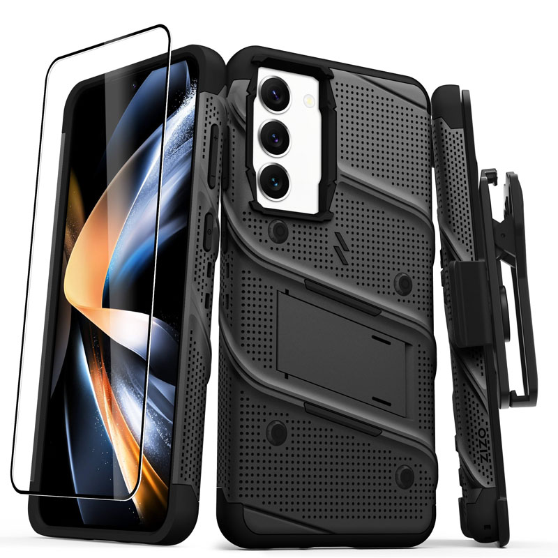 ZIZO BOLT Series šarvuoto dėklo rinkinys, skirtas Samsung Galaxy S23+, su 9H ekrano stiklu, integruota atrama ir prie diržo segamu laikikliu, juodas