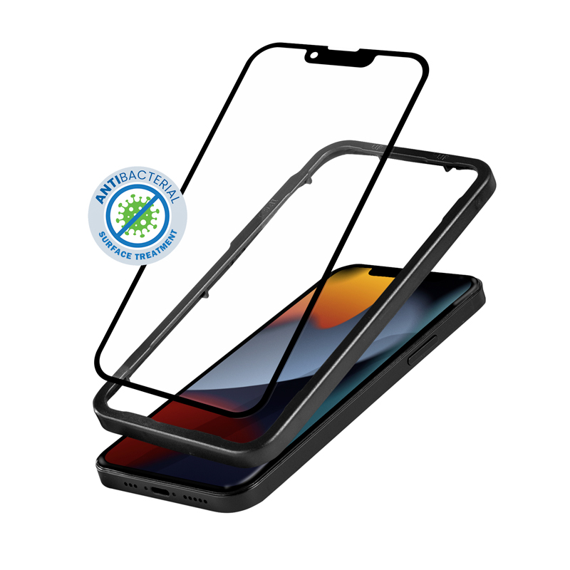 Crong Anti-Bacterial 3D Armor Glass 9H grūdintas apsauginis ekrano stiklas, skirtas iPhone 14 Plus / 13 Pro Max, su montavimo rėmeliu
