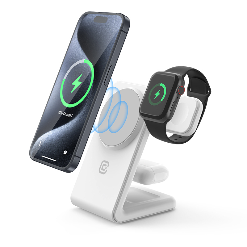 Crong MagSpot Pivot Stand 3 viename belaidis įkroviklis, skirtas iPhone, Apple Watch ir AirPods, suderinamas su MagSafe, baltas