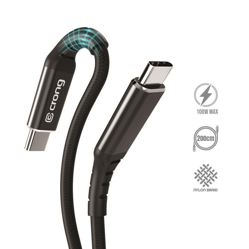 Crong Armor Link USB-C–USB-C laidas, 200 cm, 100 W PD, 5 A, juodas