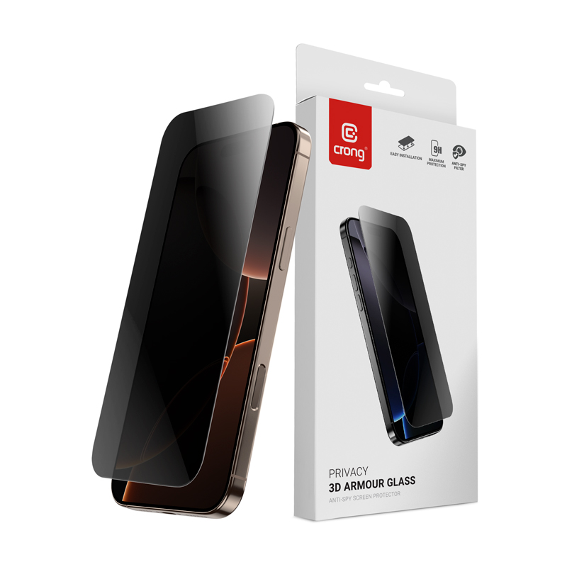 Crong Privacy 3D Armor Glass grūdintas apsauginis ekrano stiklas su privatumo filtru, skirtas iPhone 17 Pro Max ir iPhone 16 Pro Max