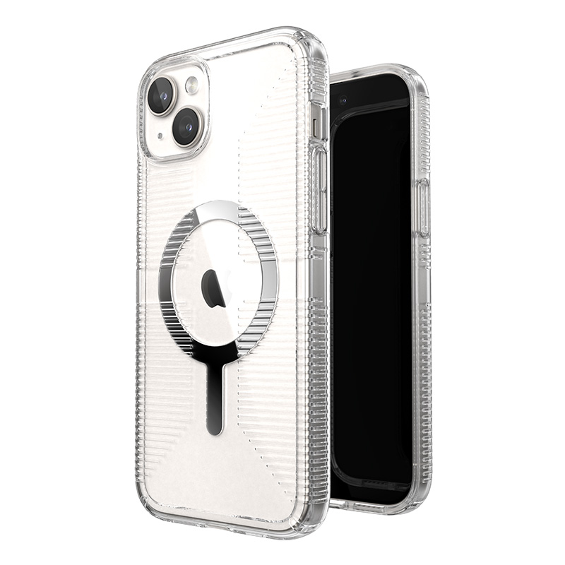 Speck GemShell Grip MagSafe dėklas, skirtas iPhone 15 Plus / 14 Plus, skaidrus su chromo spalvos akcentais
