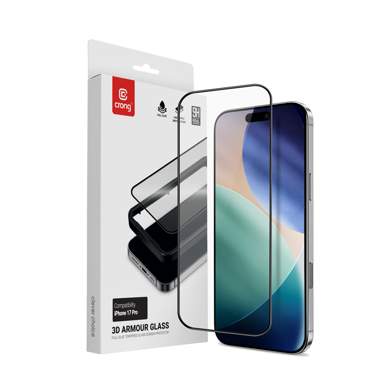Crong 3D Armor Glass grūdintas apsauginis ekrano stiklas, skirtas iPhone 17 Pro, su montavimo rėmeliu