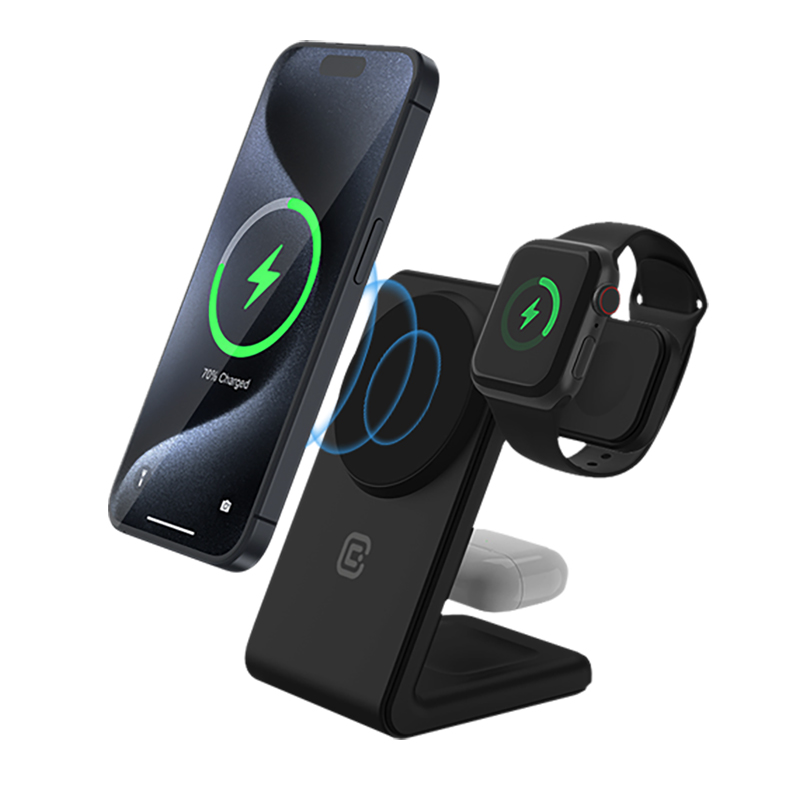 Crong MagSpot Pivot Stand 3 viename belaidis įkroviklis, skirtas iPhone, Apple Watch ir AirPods, suderinamas su MagSafe, juodas